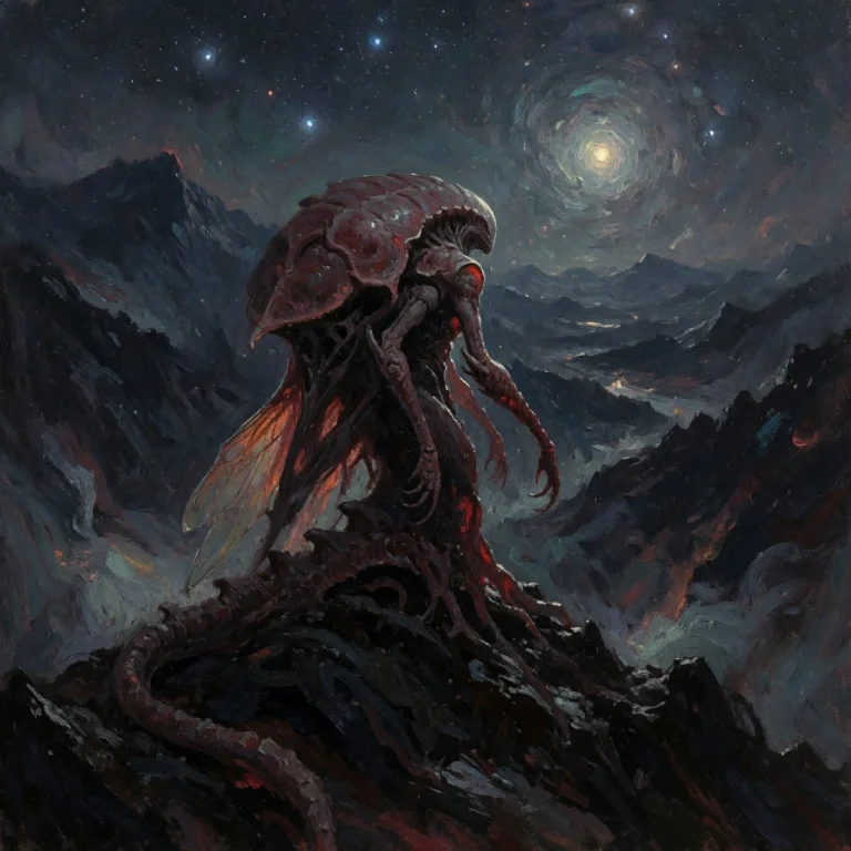 A Bizarre Mi-go Alien Stands Atop The Roof Of An Isolated Mo...