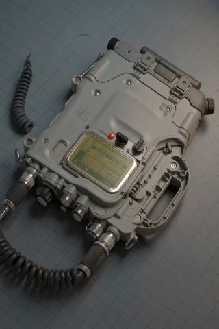 The Gray Mr 3000 Device Lies Flat On A Grid-patterned Surfac... — FLUX AI Prompt: The gray MR 3000 device lies flat on a grid-patterned surface, angled diagonally...
