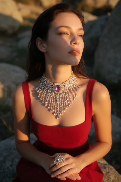 A Woman In A Vibrant Crimson Square-neck Dress Sits Graceful...