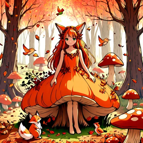 A Fairy In A Dress Of Orange, Brown, And Red Leaves, Short G... — SDXL AI Prompt: a fairy in a dress of orange, brown, and red leaves, short green eyes and hair s...