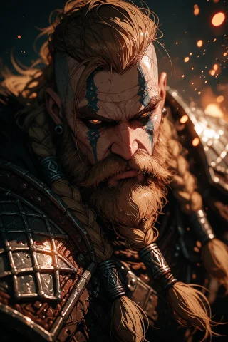 Ta86inkriot, Thin Black Outlines, A 35-year-old Viking Warri... — Stable Diffusion AI Prompt: ta86_inkriot, thin black outlines, A 35-year-old Viking warrior with a long brow...