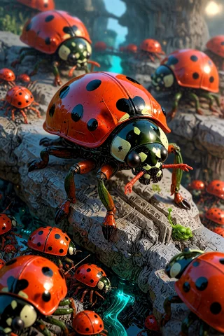 , , A Breathtaking Macro Photograph Of A Cute Real Red Ladyb... — Stable Diffusion AI Prompt: , , A breathtaking macro photograph of a cute real red ladybug riding a tiny hor...