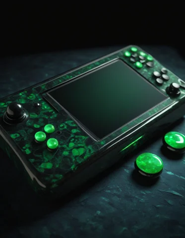 Obsidian Jade Style, A Classic Retro Handheld Gaming Console... — Stable Diffusion AI Prompt: obsidian jade style, a classic retro handheld gaming console carved from polishe...