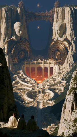 Dcanchfutre. Wide Shot From A High Rocky Vantage, Focusing O... — Stable Diffusion AI Prompt: dcanchfutre. Wide shot from a high rocky vantage, focusing on three robed human...