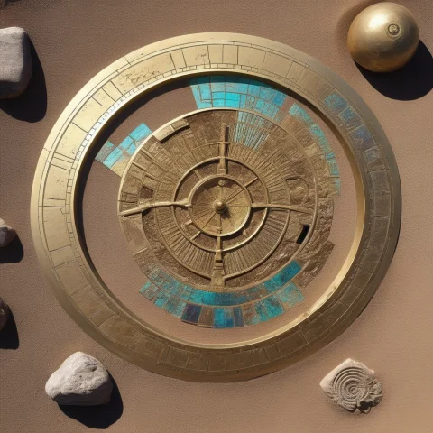 Jpenbold, Polished Brass Astrolabe, Desert Ruins, Ancient St... — SDXL AI Prompt: jpen_bold, polished brass astrolabe, desert ruins, ancient stone and brass artif...