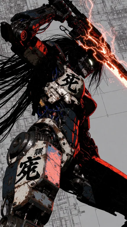 Massive, Towering Cyborg Woman In A Dynamic Mid-motion Battl...