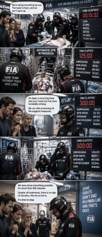 Motomotorspeed Fia Pit Crew Attending During Hour-plus Of Re... — Stable Diffusion AI Prompt: moto/motor/speed FIA pit crew attending during hour-plus of resuscitation while...