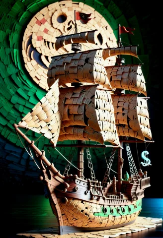 A Ghost Pirate Ship Made Of Cork Material, Cork Texture, Por... — SDXL AI Prompt: A ghost pirate ship made of cork material, cork texture, porous, tan color, grai...