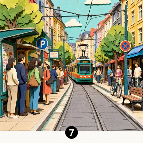 Lorapqwenimage218stepv011.0 A Lively City Tram Stop Depicted... — Stable Diffusion AI Prompt: A lively city tram stop depicted as detailed 2D paper-cut art, a group of adult...