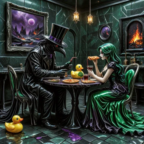 Plague Doctor , Dragon With Top Hat, Toilet , Pizza , Rubber... — SDXL AI Prompt: Plague doctor , dragon with top hat, toilet , Pizza , rubber duck , red eyes, bl...