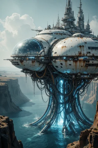 A Massive White Station Floats Above A Canyon Floor, Tethere... — Stable Diffusion AI Prompt: A massive white station floats above a canyon floor, tethered to the water below...