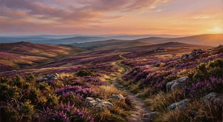 A Cinematic Painterly Landscape Of Rolling Heathland In Late...