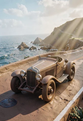 A Vintage Roadster Parked On A Coastal Highway, Clay Render,... — Stable Diffusion AI Prompt: a vintage roadster parked on a coastal highway, clay render, volumetric god rays...