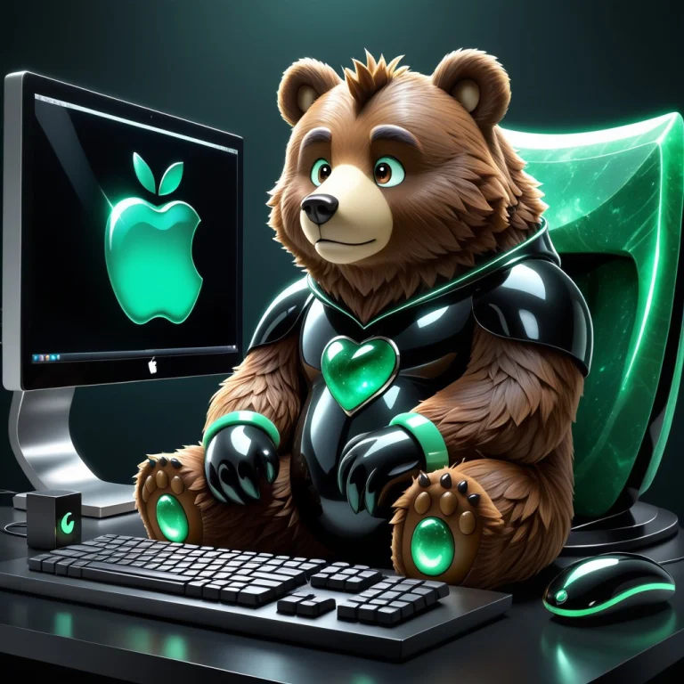 A Cute Fluffy Brown Cartoon Bear Mascot, Sitting At A Futuri...