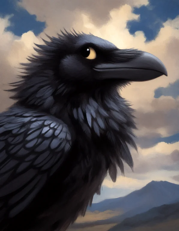 Furry, Raven, Focused, Looking Out, Black Feathers, Portrait...