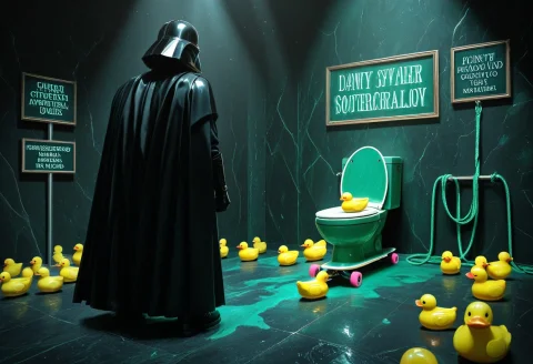 A Whimsical Dark Museum Exhibit Featuring A Jade-green Toile... — Stable Diffusion AI Prompt: A whimsical dark museum exhibit featuring a jade-green toilet displayed like a p...