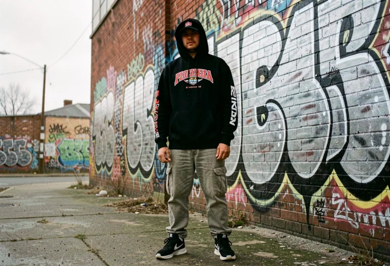 A Bold Streetwear Look Against Graffiti Walls, Photograph, O...