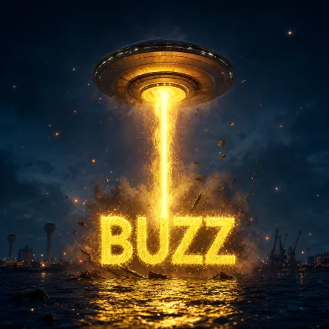 Prompt Ufo Floating Over A Water Tower Shooting A Beam That... — Stable Diffusion AI Prompt: Prompt: UFO floating over a water tower shooting a beam that is the word BUZZ in...