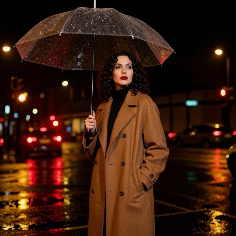 A Woman In Her Early 30s With Dark Curly Hair, Wearing A Lon... — Stable Diffusion AI Prompt: a woman in her early 30s with dark curly hair, wearing a long camel coat and red...