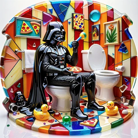 Novuschroma54 Style, Fused Glass, Darth Vader Sitting On A T... — SDXL AI Prompt: novuschroma54 style, fused glass, darth vader sitting on a toilet, inside a glas...