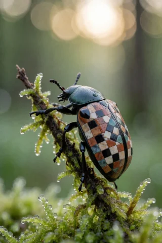 A Tall Vertical Composition. In The Middle Of The Frame, A L... — Stable Diffusion AI Prompt: A tall vertical composition. In the middle of the frame, a large beetle climbs a...