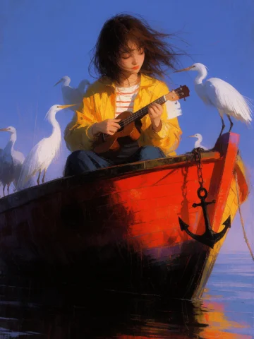 A Young Woman With Windswept Brown Hair Sits On A Vibrant Wo... — Stable Diffusion AI Prompt: A young woman with windswept brown hair sits on a vibrant wooden boat, strumming...