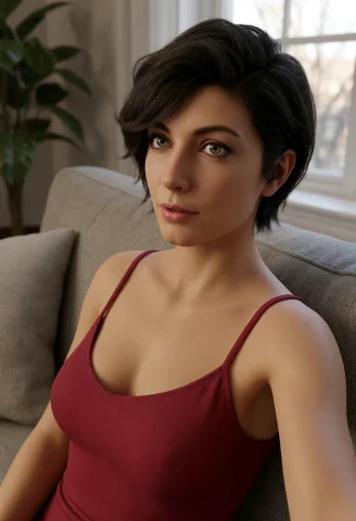 G1n4l0mb, Green Eyes, 3d Realistic, On A Couch, Red Dress — Stable Diffusion AI Prompt: g1n4l0mb, green eyes, 3d realistic, on a couch, red dress
