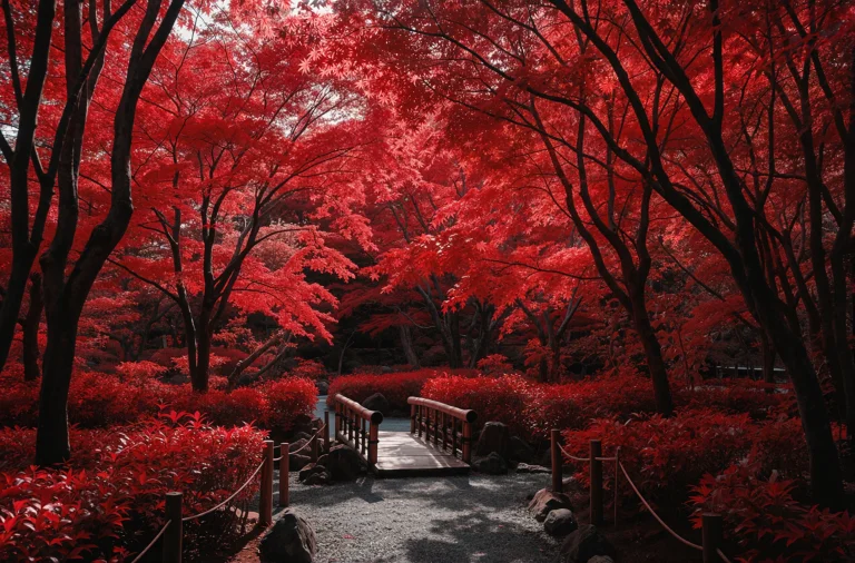 Japanese Garden Landscape, Gravel Path, Small Wooden Bridge,...