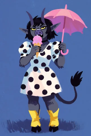 Illustration Of Chort. Female Chort With Gray Skin, Small Bl... — Stable Diffusion AI Prompt: Illustration of Chort. Female Chort with gray skin, small black horns, gray fur...
