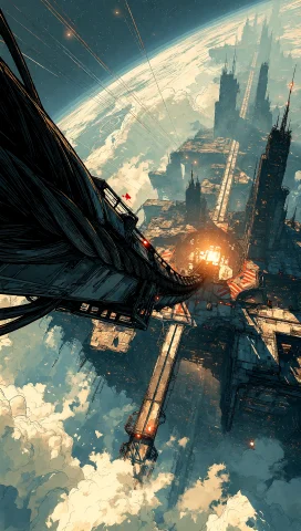 An Extreme Wide Cinematic Establishing Shot Taken From The A... — Stable Diffusion AI Prompt: An extreme wide cinematic establishing shot taken from the ascending platform of...