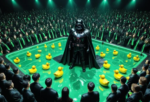 A Ridiculous Midnight Nightclub Populated By Rubber Ducks In... — Stable Diffusion AI Prompt: A ridiculous midnight nightclub populated by rubber ducks in tiny tuxedos, a bre...