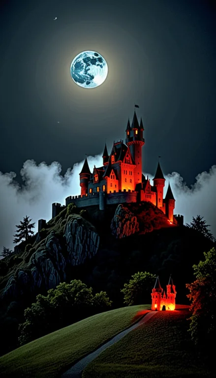 Spooky Castle, Castle On A Hill, Night Time, Fire Light, Gho...