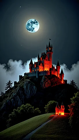 Spooky Castle, Castle On A Hill, Night Time, Fire Light, Gho... — SDXL AI Prompt: spooky castle, castle on a hill, night time, fire light, ghosts, full moon, haun...