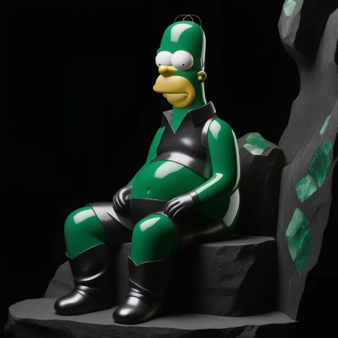 Wide-angle Full Shot Of A Monumental Seated Homer Simpson Ca... — SDXL AI Prompt: Wide-angle full shot of a monumental seated Homer Simpson carved into a grey-bro...