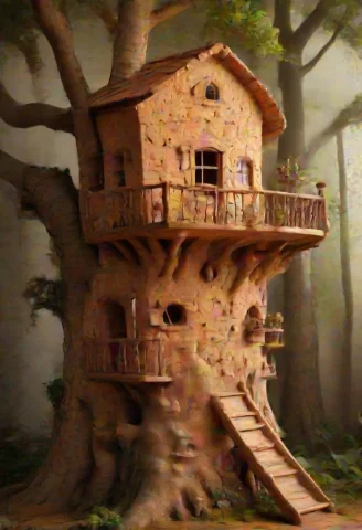 Treehouse Built Entirely From Cork, Walls Roof And Ladder Fo... — SDXL AI Prompt: treehouse built entirely from cork, walls roof and ladder formed from cork mater...