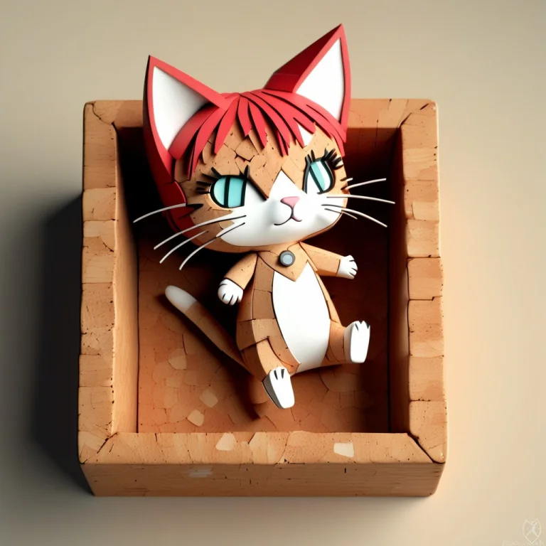 A 3d Chibi Anime Red Hair Cat Girl Lay On A Cork Box Made Of...