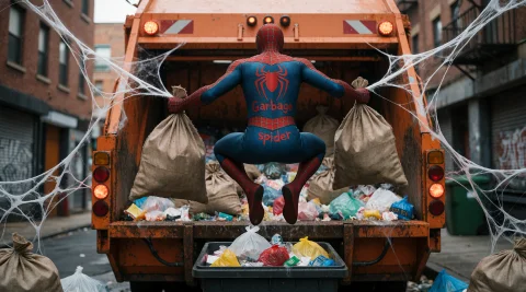 Spiderman Jumping Out Of Orange Garbage Lorry,into Garbage B... — Stable Diffusion AI Prompt: spiderman jumping out of orange garbage lorry,into garbage bin,holding garbage s...