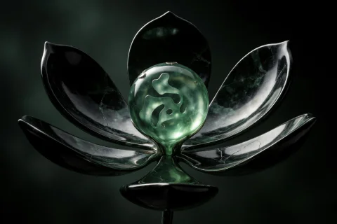 A Strange Flower-like Relic Opening In Complete Darkness, Wi... — Stable Diffusion AI Prompt: A strange flower-like relic opening in complete darkness, with petals made from...