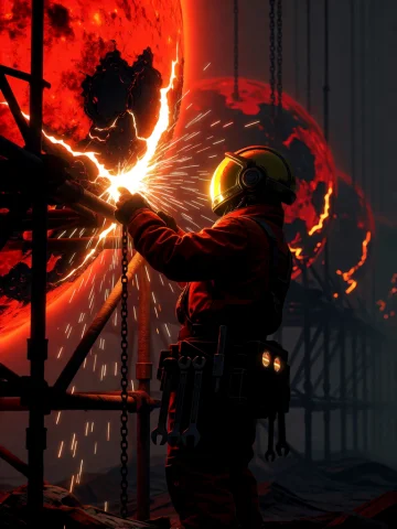 Illustration Artwork A Sun Mechanic In A Bulky Heat Suit And... — Stable Diffusion AI Prompt: illustration artwork A sun mechanic in a bulky heat suit and a gold mirrored hel...