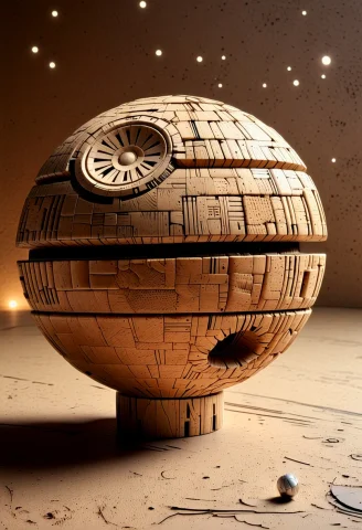 A Elaborate Death Star Toy Made Of Cork Material, Cork Textu... — SDXL AI Prompt: A elaborate Death Star toy made of cork material, cork texture, porous, tan colo...