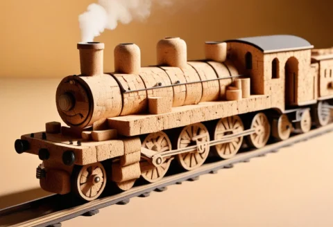 Corkworld, A Steam Locomotive Made Entirely Of Cork Puffing... — SDXL AI Prompt: corkworld, a steam locomotive made entirely of cork puffing cork-crumb smoke acr...