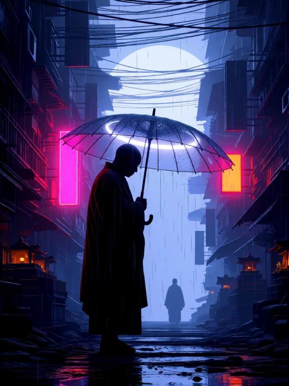 Illustration Artwork A Tall Portrait Of A Monk Seen From Beh...