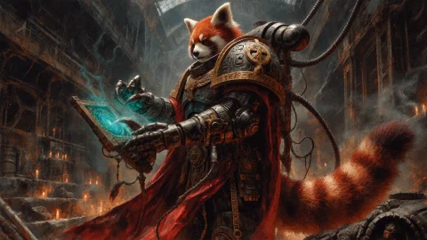 An Adult Anthropomorphic Red Panda Tech-priestess Stands Ami... — Stable Diffusion AI Prompt: An adult anthropomorphic red panda tech-priestess stands amidst the industrial r...