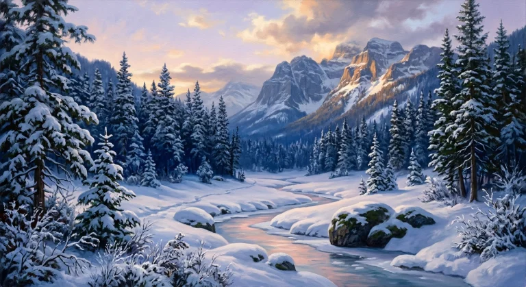 A Cinematic Painterly Landscape Of A Quiet Snow-covered Vall...