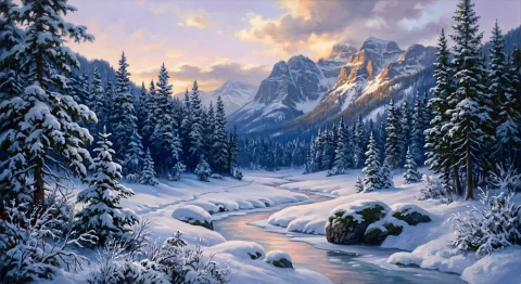 A Cinematic Painterly Landscape Of A Quiet Snow-covered Vall... — Stable Diffusion AI Prompt: A cinematic painterly landscape of a quiet snow-covered valley surrounded by tow...