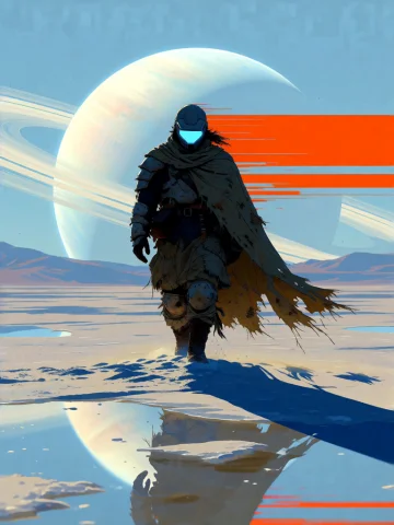 An Explorer In Patched, Weathered Armor And A Tattered Cloak... — Stable Diffusion AI Prompt: An explorer in patched, weathered armor and a tattered cloak walks across a mirr...