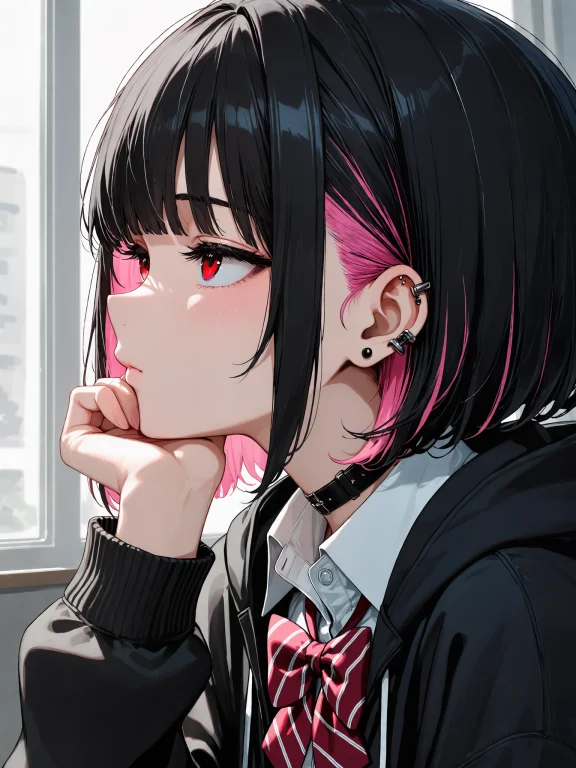 Profile,face Focus,indoors,window,curtains, 1girl,two-tone H...