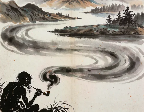 Ink Wash Painting. In The Bottom-left Corner Of The Image Is... — Stable Diffusion AI Prompt: Ink wash painting. In the bottom-left corner of the image is the silhouette of a...