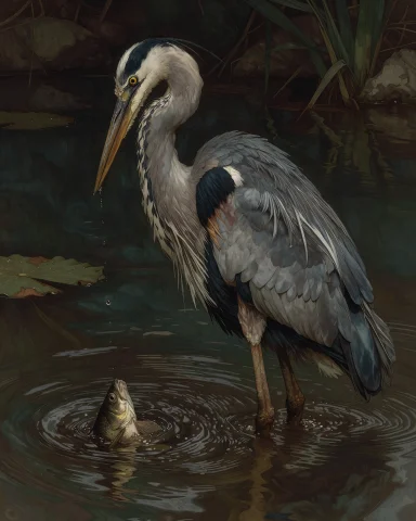 Bradhamel Art Style. A Dark Side View Of A Towering Heron, S... — Stable Diffusion AI Prompt: Bradhamel art style. A dark side view of a towering heron, standing still in a d...