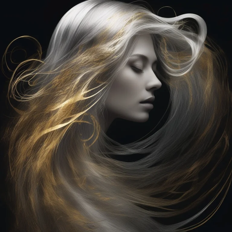 A Golden Woman With Long Silver Hair Stands In Profile At Th...